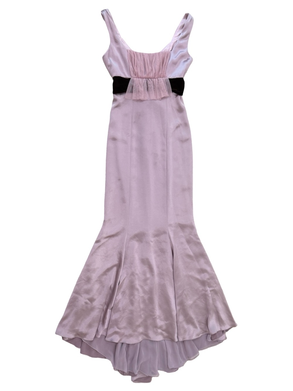 Vera Wang Lavender Silk Chiffon Mermaid Evening Gown Velvet Sash Formal Dress